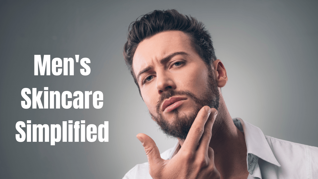 Men's Skincare Simplified: Your Ultimate Guide by Epicorium Experts' featuring a confident man applying skincare products with a clear and informative overlay text, emphasizing the ease and expertise behind the ultimate skincare guide for men by Epicorium.