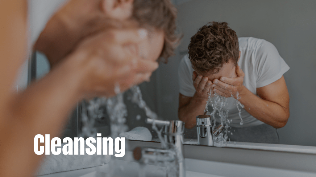 "A man rinsing his face with water in front of a bathroom mirror, highlighting the cleansing step in a skincare routine for 'Men's Skincare Simplified: Your Ultimate Guide by Epicorium Experts.'"