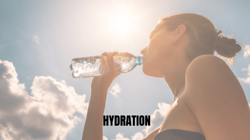 Photo of a woman drinking water with the sun overhead and text "HYDRATION" promoting the importance of water intake for skin health.