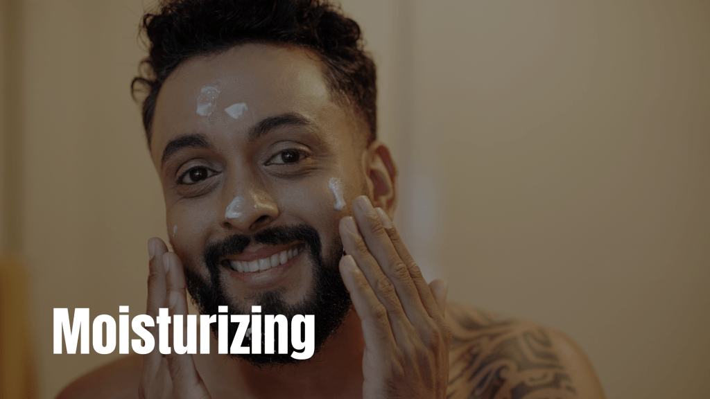 "A smiling man applying moisturizer to his face, embodying the moisturizing step in 'Men's Skincare Simplified: Your Ultimate Guide by Epicorium Experts.'"