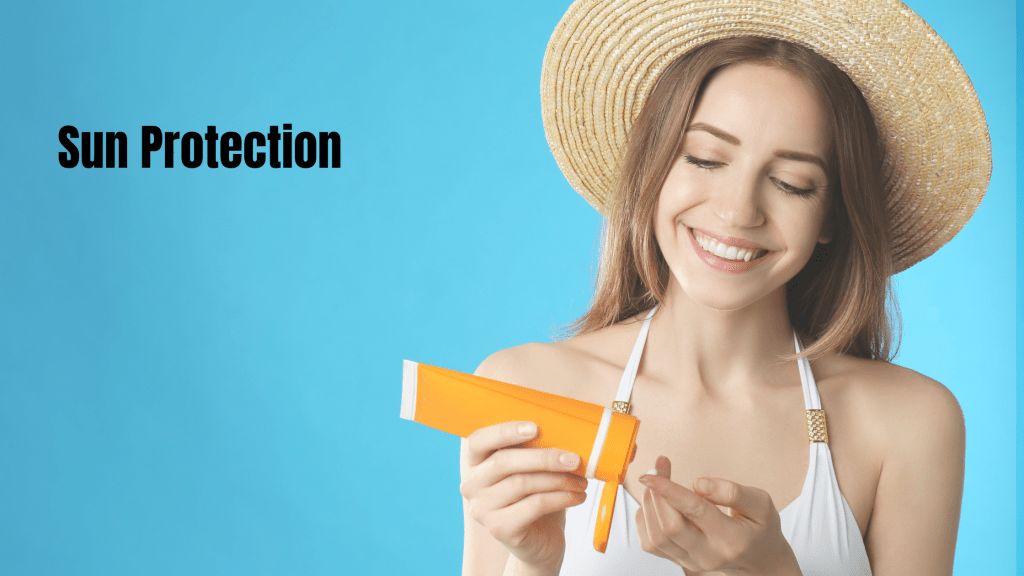 Image of a smiling woman applying sunscreen with text "Sun Protection" emphasizing the importance of UV protection for skin care.