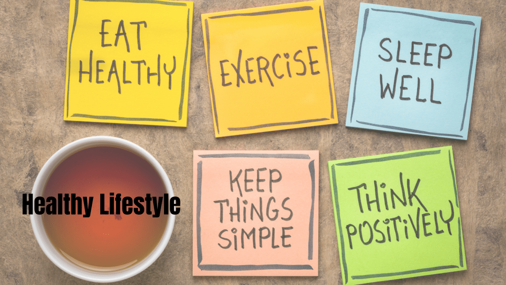Sticky notes with health tips and a cup of tea captioned "Healthy Lifestyle" indicating lifestyle choices that benefit skin health.