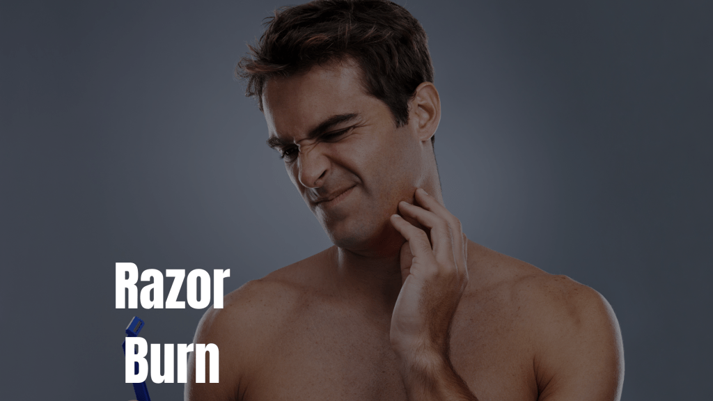 "Man feeling irritation on his neck after shaving, depicting the challenge of razor burn in the context of men's skincare routines by Epicorium."
